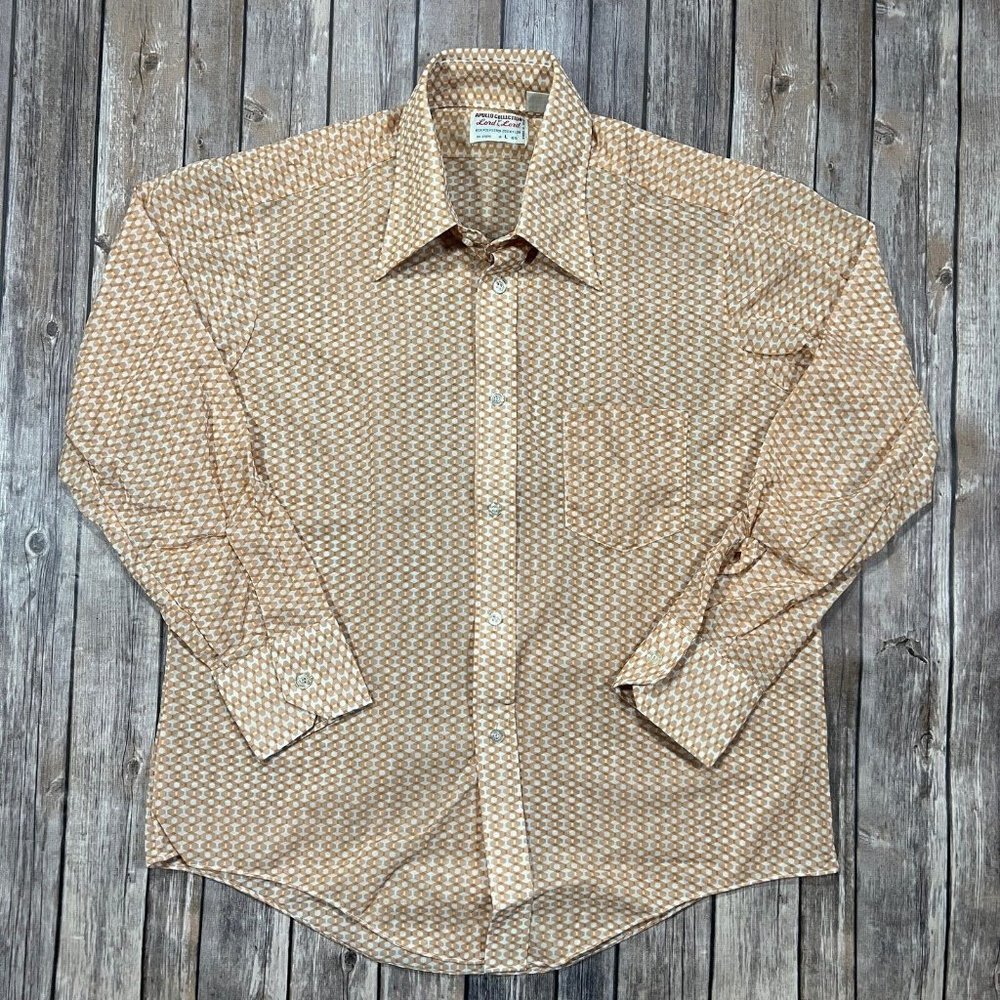 VTG 70s Disco Button Shirt Lord & Lord Sz Lrg Orange White Geometric Abstract